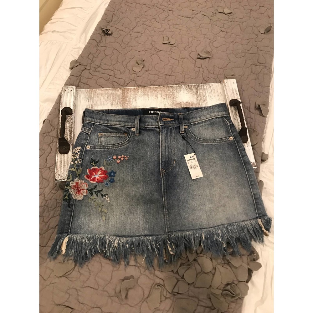 Express * Embroidered Floral Fray Hem Jean Skirt  NWT